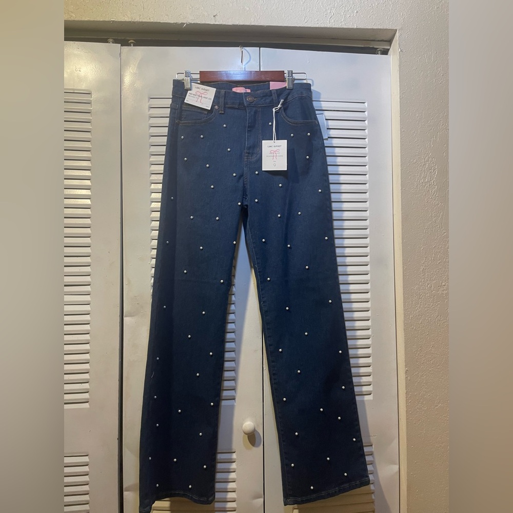 Lilac Sunset Women's Dark Blue Pearl-Embellished Straight Jeans